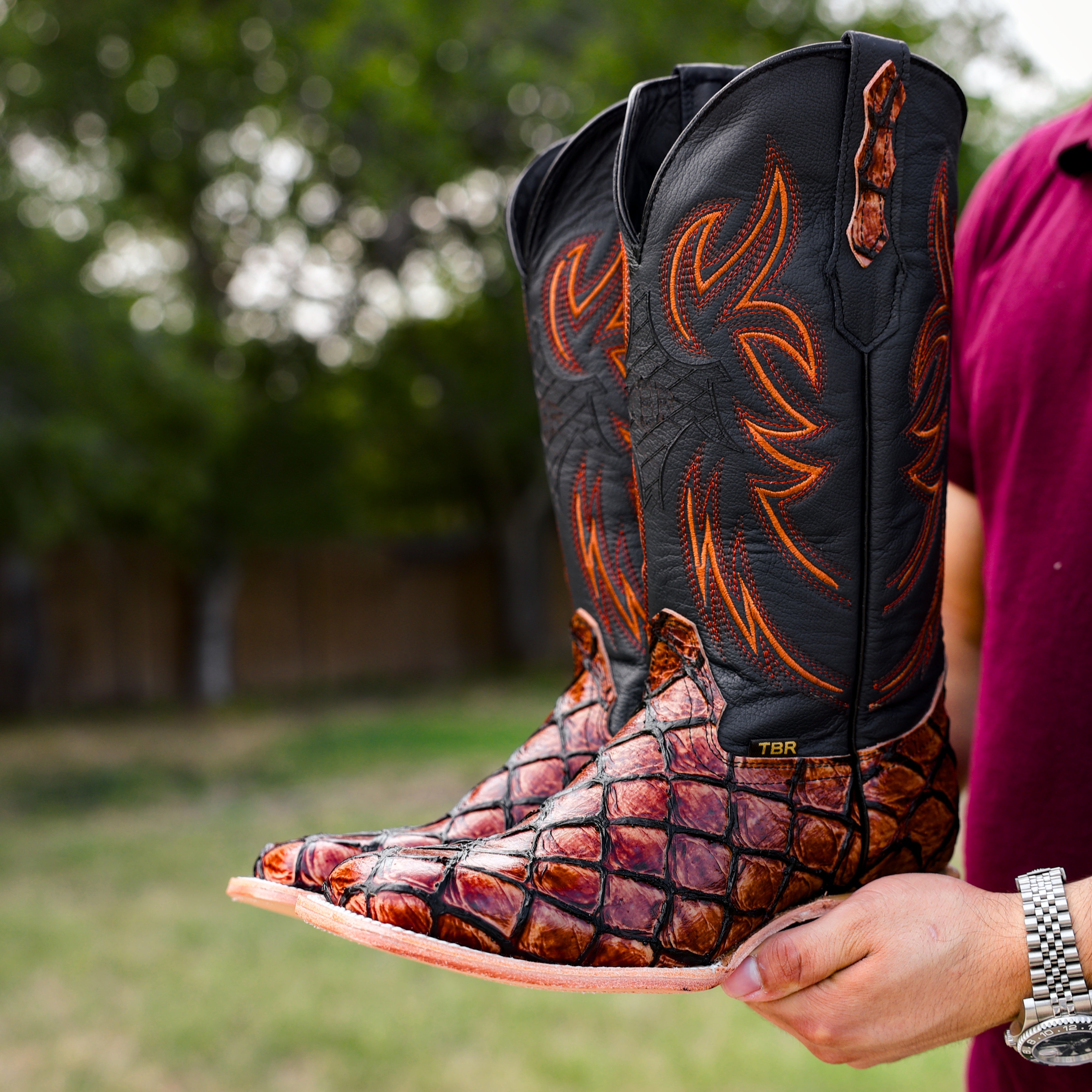 Cognac Pirarucu Leather Boots - Square Toe