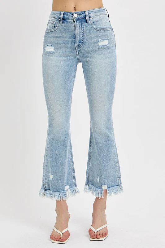 Full Size Raw Hem Distressed Cropped Flare Jeans Plus Size