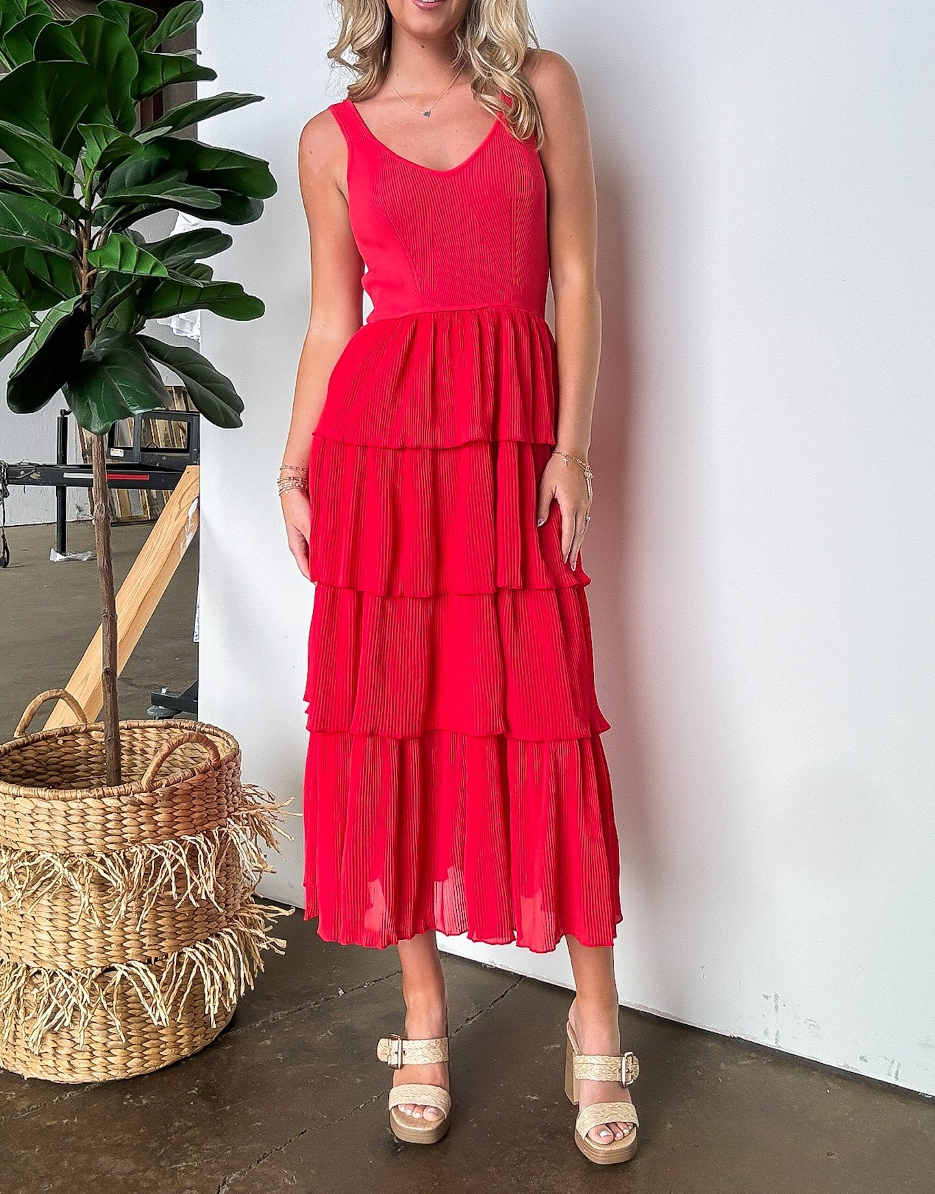 Pleated Tiered Midi Dress
