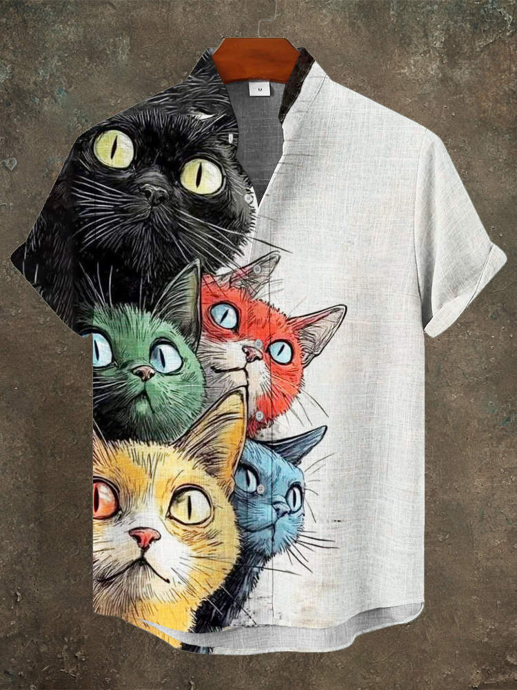 Japanese Cat Print Men's Linen Short Sleeve Shirt