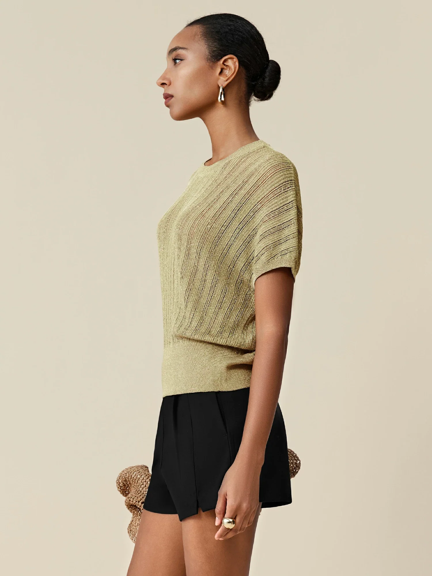 Round Neck Batwing Sleeve Glitter Knit Top