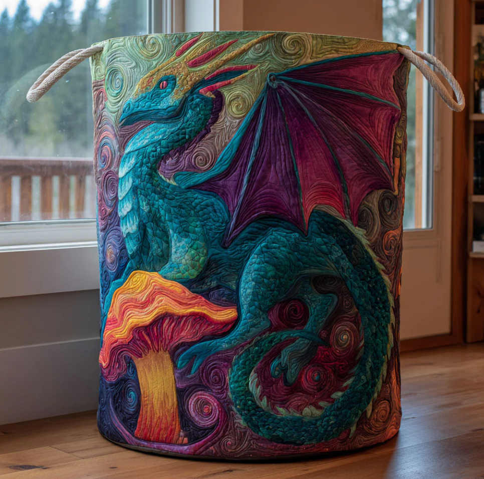 Mythical Dragon Pattern Quilted Laundry Basket Eco-Friendly Machine Washable Storage Organizer for Home Fantasy Themed Room Decor | Dragon