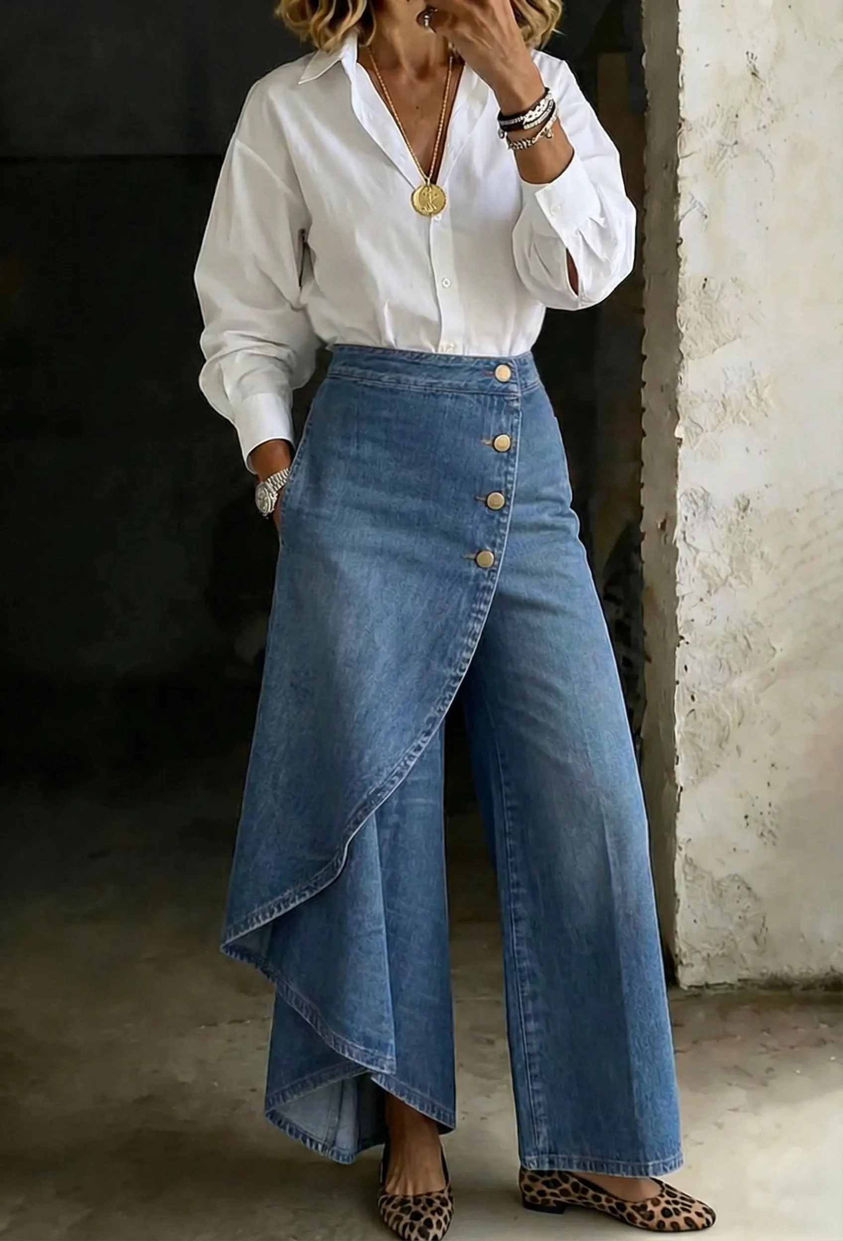 Women's Stylish Design High-waisted Relaxed Fit Wide-leg Jeans