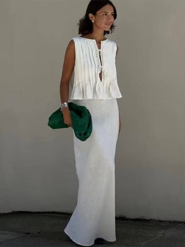 Simple Pleated Shirt Vest Skirt Suit