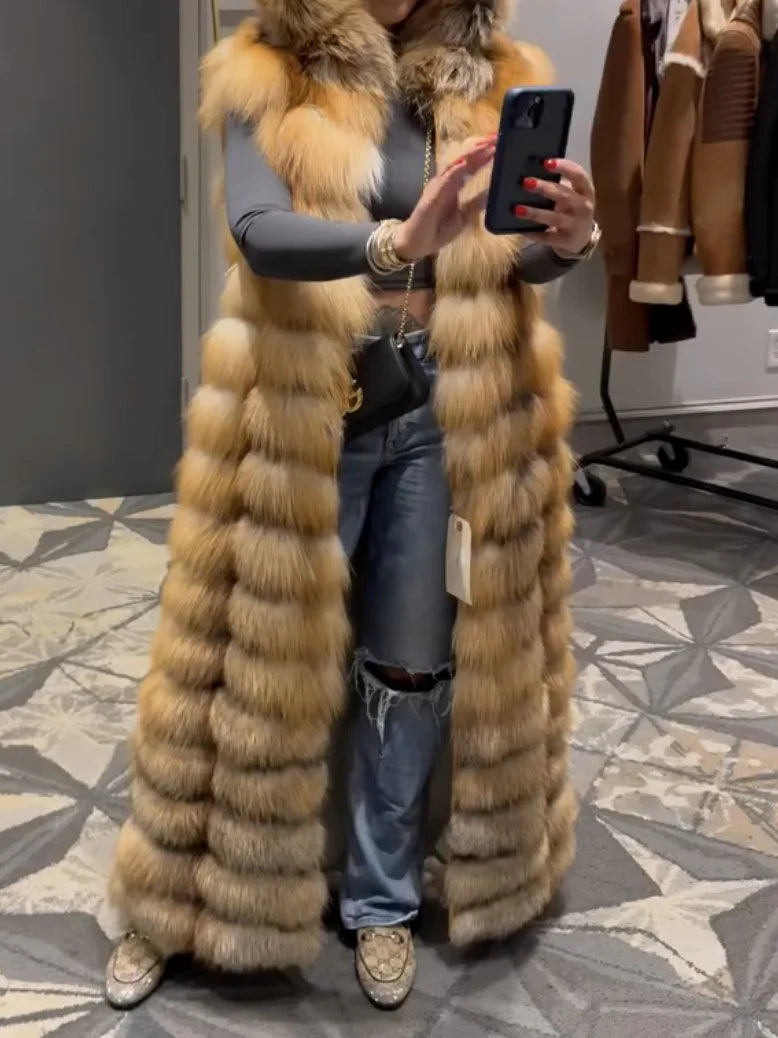 Long Red Fox Fur Vest With Hood（✔️Free shipping）