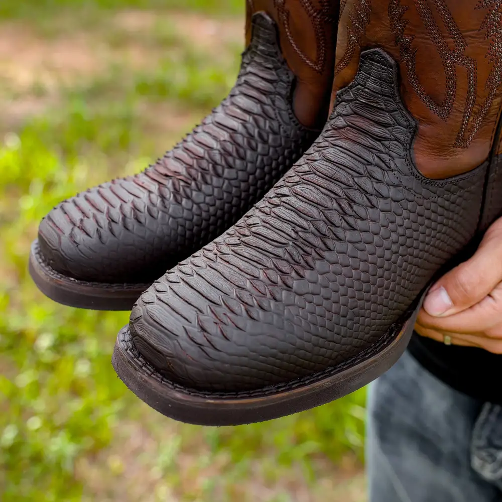 Matte Brown Python Leather Boots With Lightweight Soles - Square Toe
