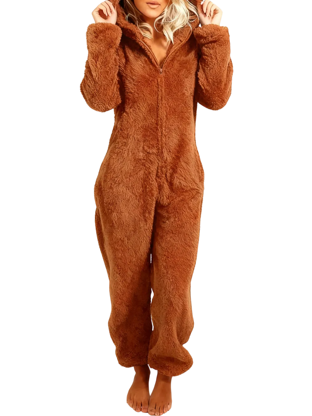 Women's Solid Zipper Hooded Plush Pajama Jumpsuit