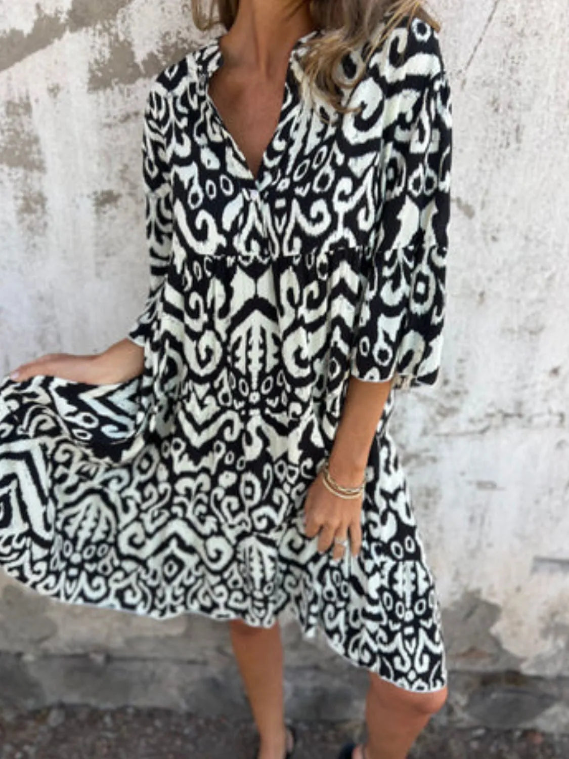 Plus Size Ethnic Print Notched Half Sleeve Midi Dress