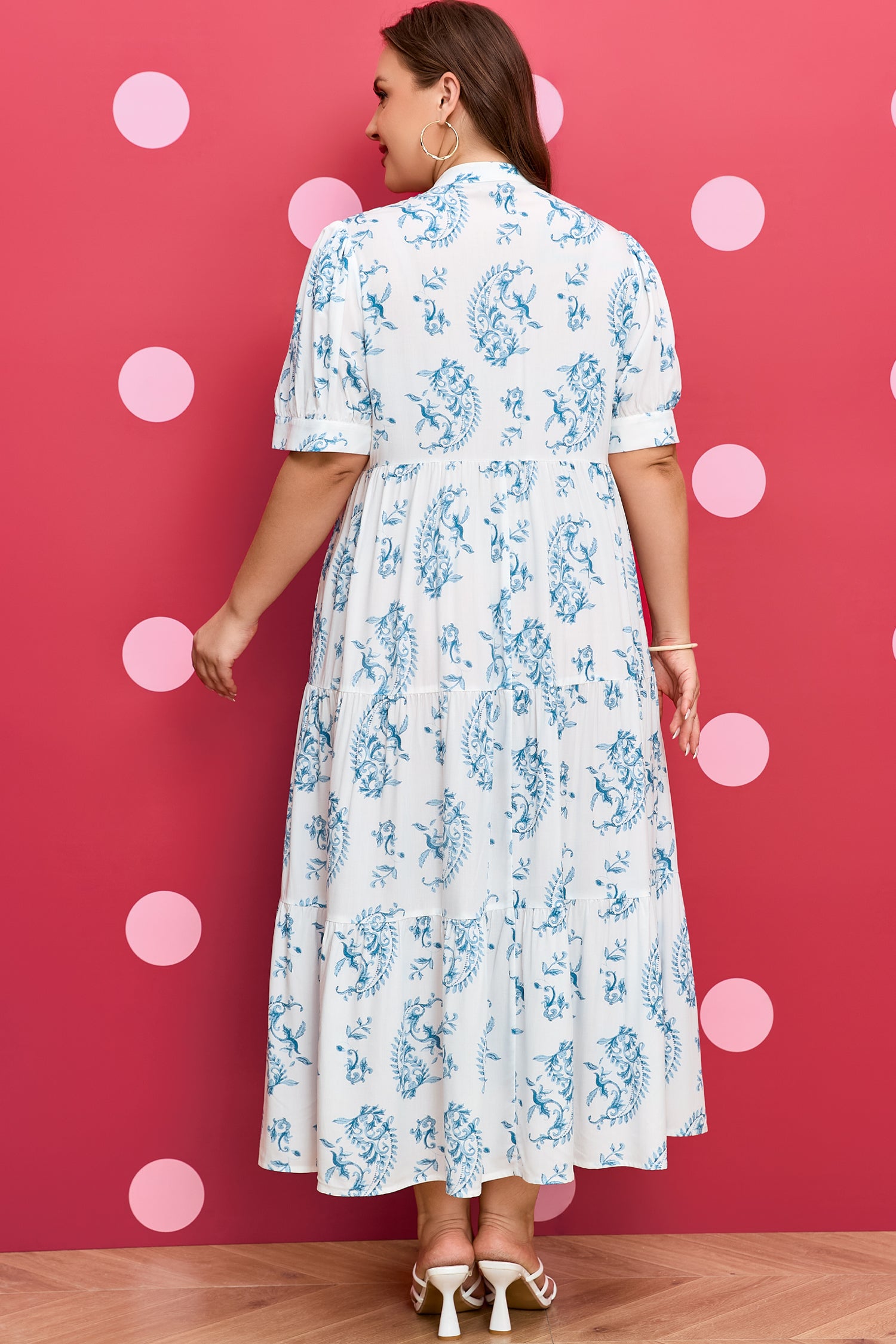 Sky Blue Plus Size Geometric Floral Print Button Split Neck Short Sleeve Maxi Dress