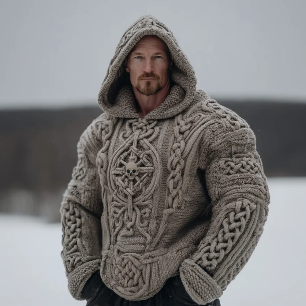 Viking Skull Celtic Knot Knit Cozy Hooded Sweater