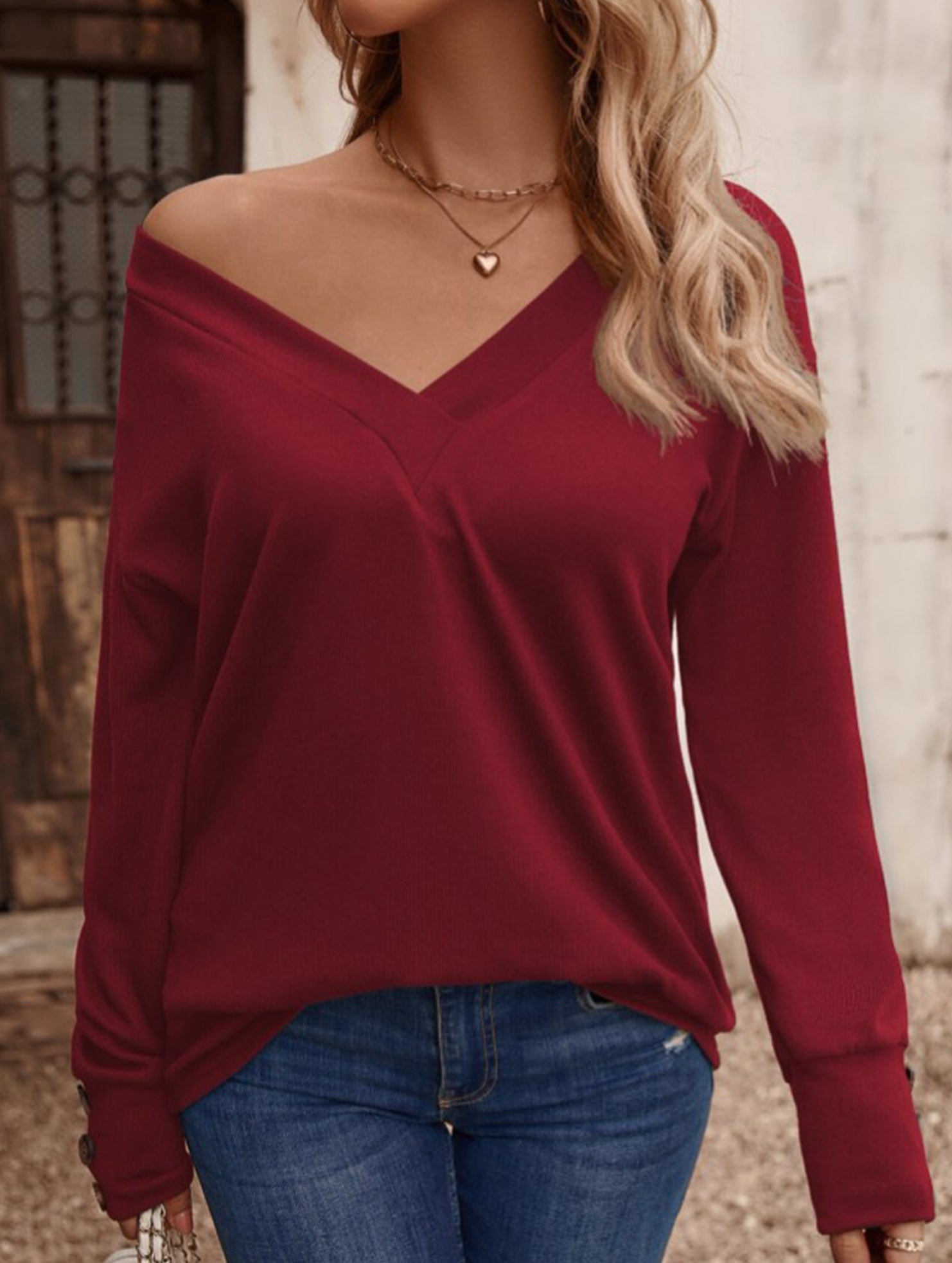 Solid V Neck Button Loose Long Sleeve Tee_CWTTL01231