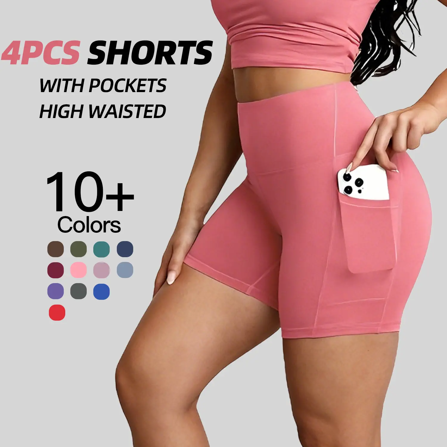Women’s High-Waist Pocket Biker Shorts Set (4-Pack)