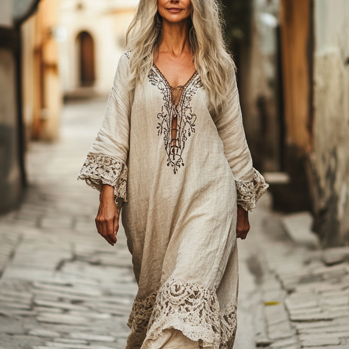 Ethnic Embroidery Vintage Casual Linen Dress eaa5