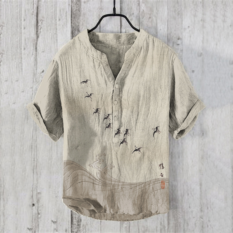 Men'sVintage Japanese Birds Waves Art Prints Linen Blend Shirt