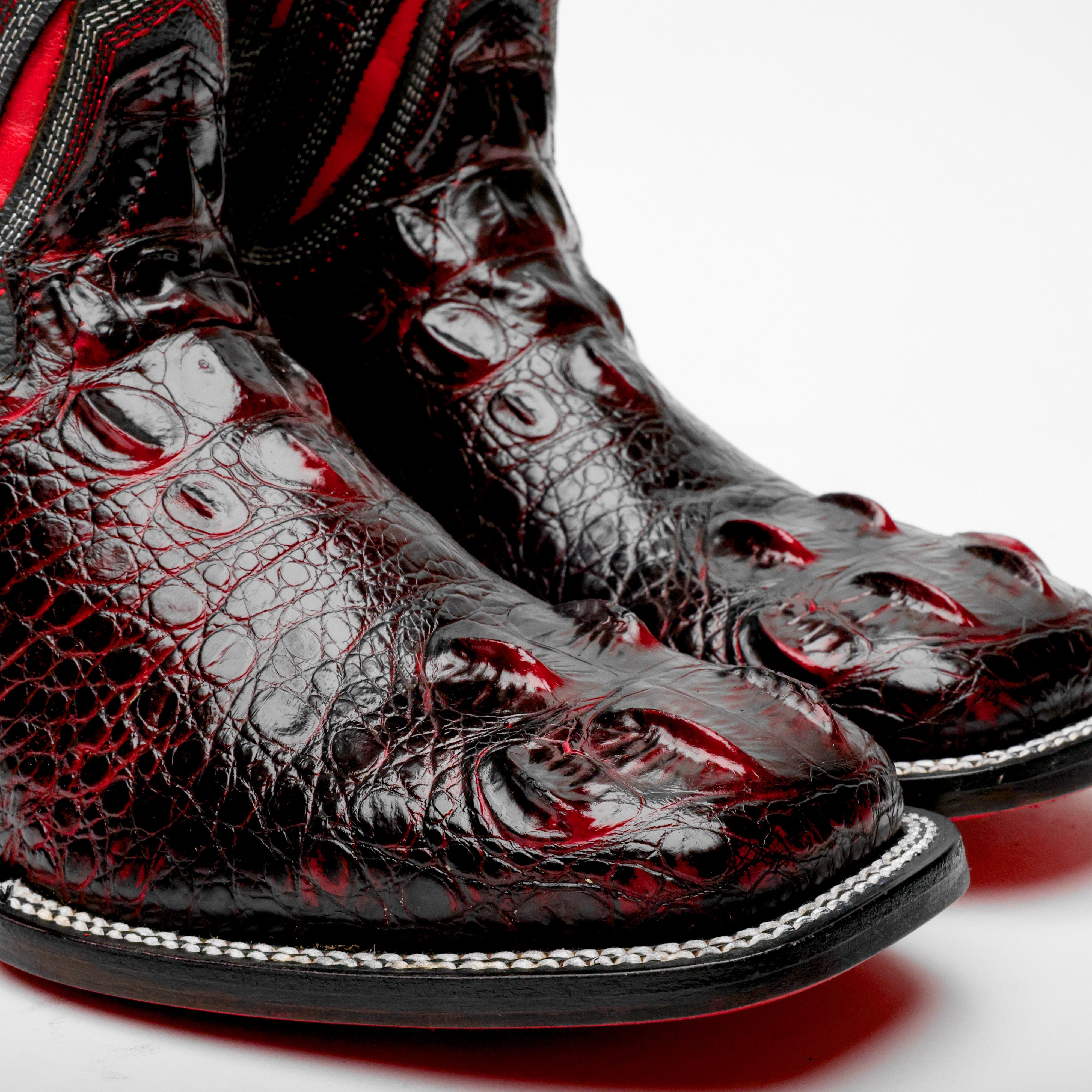 Black Cherry Giant Caiman Neck Leather Boots - Square Toe