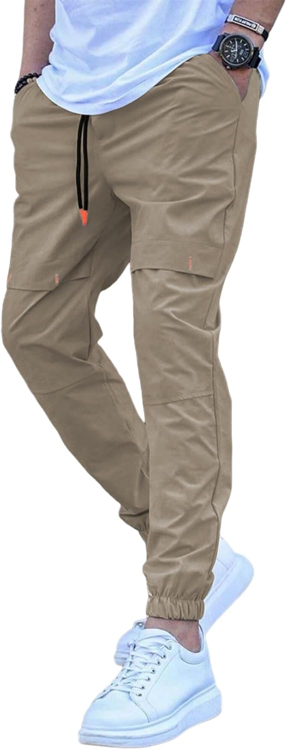 Mens Casual Basic Pants Multi-pocket Slim-fit Stretch Elastic Waist Drawstring Pants Tapered for Men