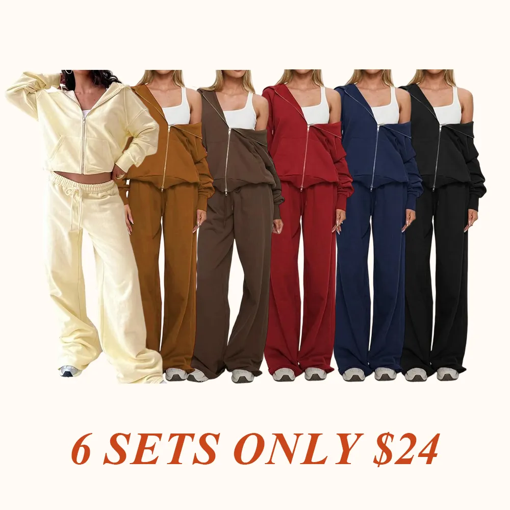 Women Fall Winter Long Sleeve Zipper Hoodie & Pants 2 Piece Set