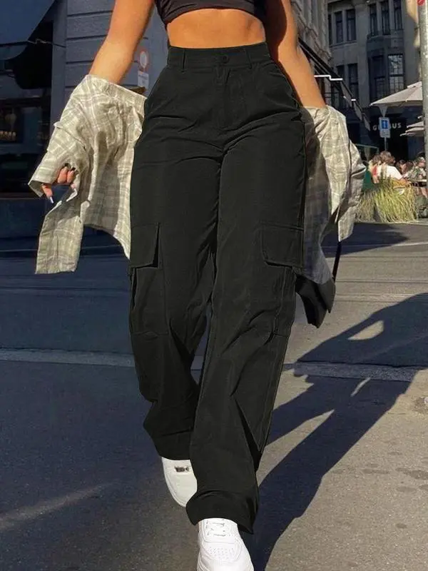 Women's Plain Flap Pocket Button High Waist Cargo Pants