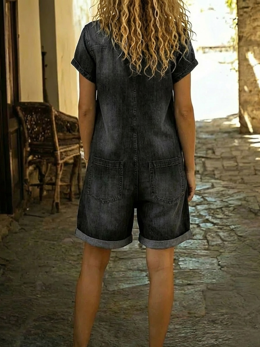 Women's Casual Cotton Denim Jumpsuit Shorts