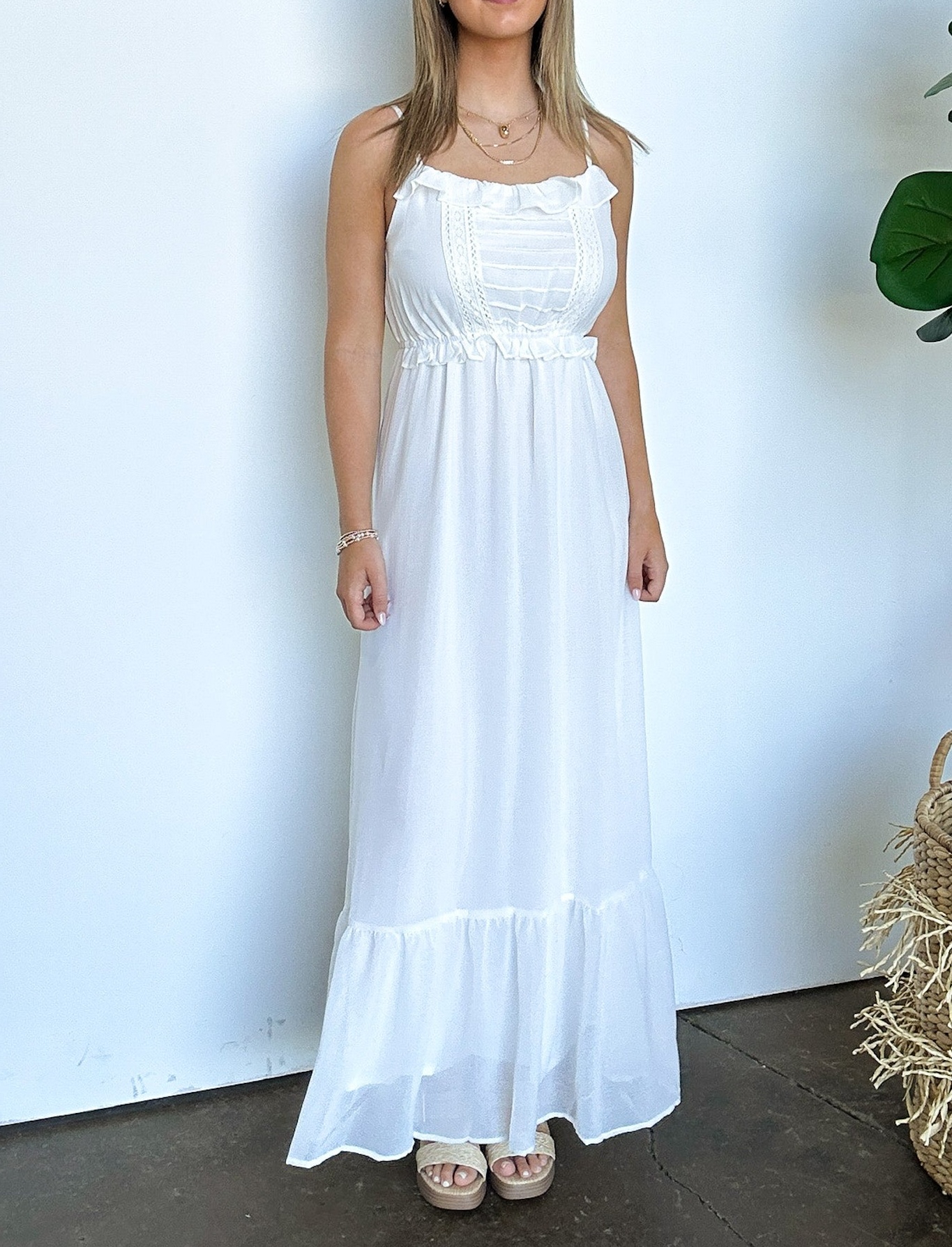 Sweetly Elevated Ruffle and Lace Detail Maxi Dress