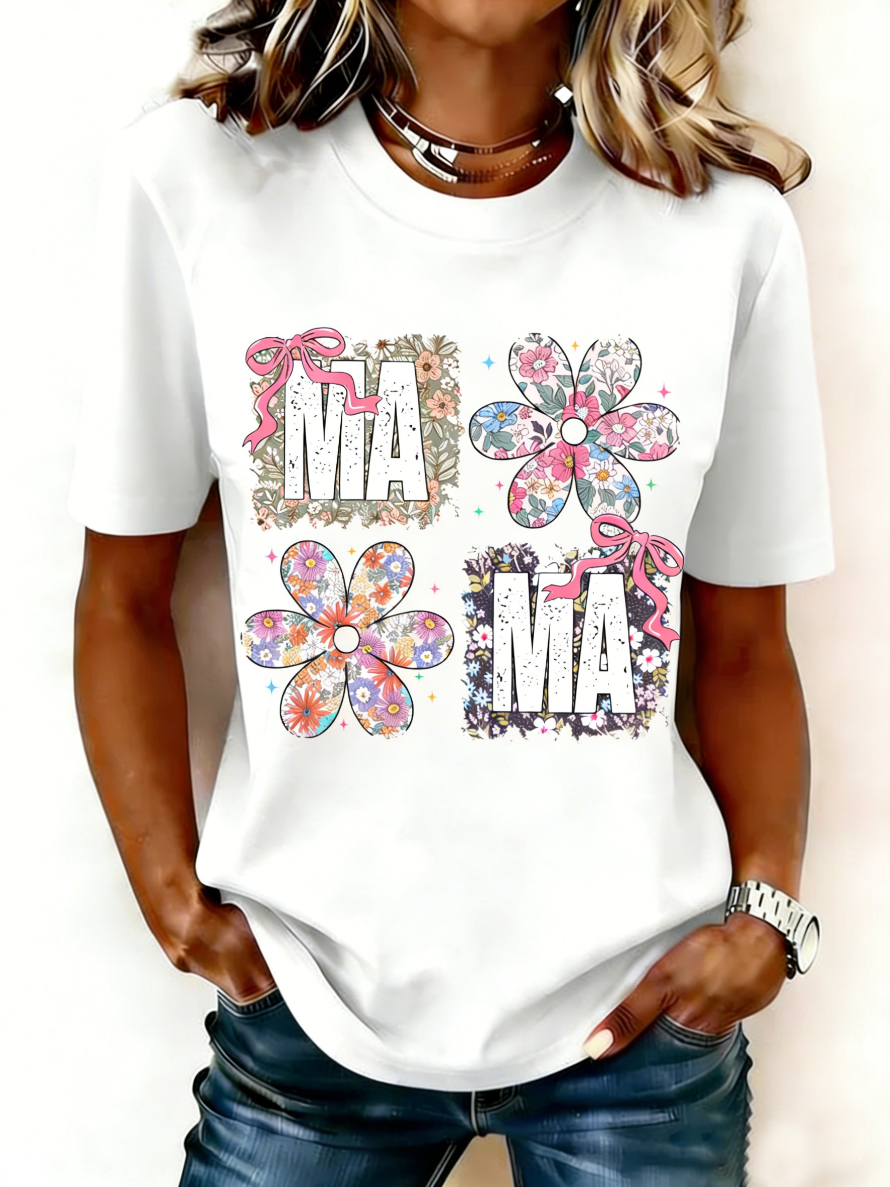Mother's Day Letter Pattern Floral Short Sleeve Round Neck Loose  Casual T-Shirt