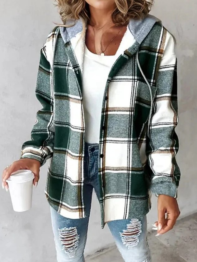 Urban Split Joint Color Block Women's Faux Wool Plaid Striped Jacket