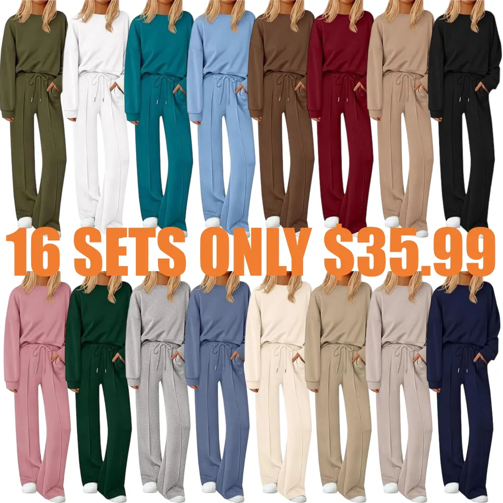 Women Fall Trendy Long Sleeve Sweatshirt Wide Leg Pants