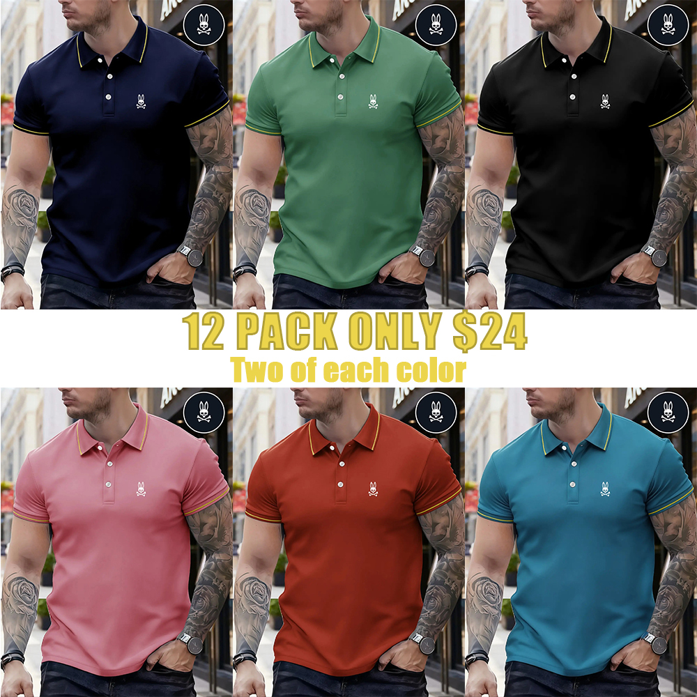 Men's Regular Fit Letter Print Skull Rabbit Contrast Trim Polo Shirt, Casual Short Sleeve Half Zip Top for Summer