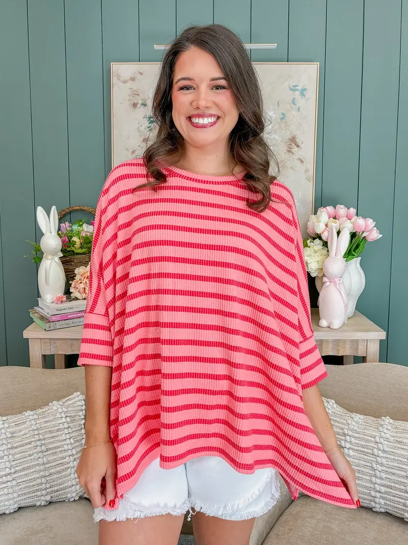 Spring Striped Raised Rib Easy Fit 3/4 Sleeve Top