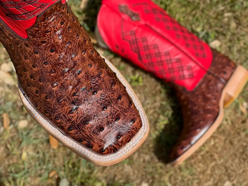 Men’s Cognac Ostrich Leather Boots With Red Shaft