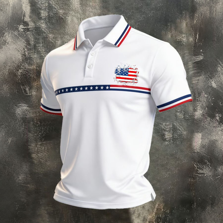 Men's Retro Patriotic Color Block Short Sleeved Lapel Shirt