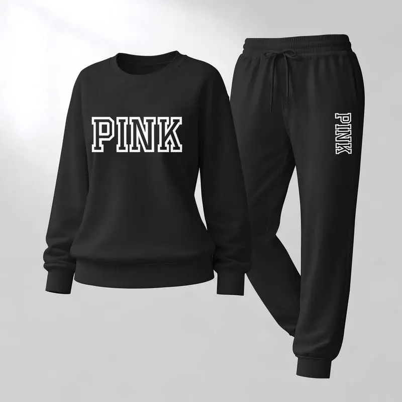 Women’s Pink Letter Print Sweatshirt & Track Pants Set