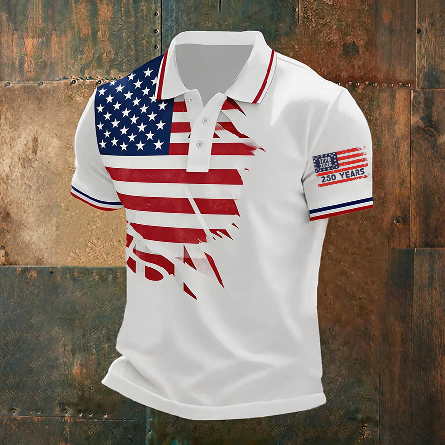 Men's Casual American Flag Printed Polo Shirt