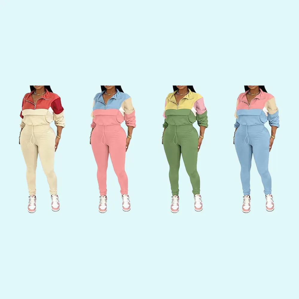 Women's Two Piece Outfits Knit Zip Top Jacket & Elastic Waistband Pant