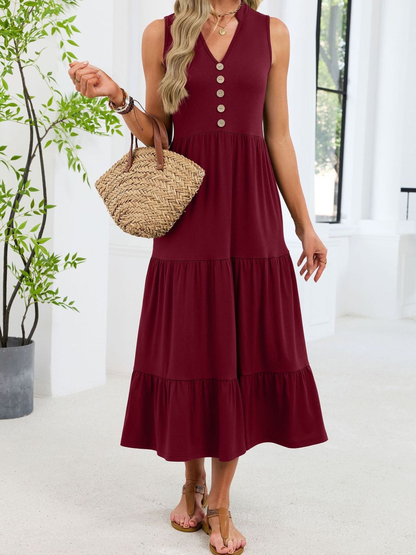 Ruffled Notched Tiered Midi Dress