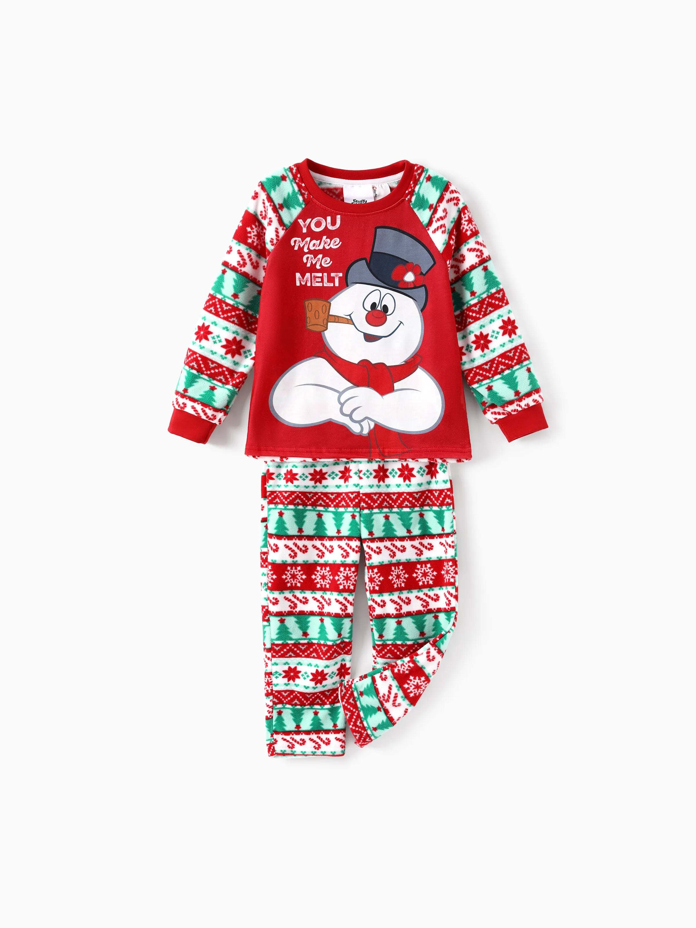 Frosty the Snowman Christmas Family Matching Fair Isle Pattern Polar Fleece Pajamas Set Red