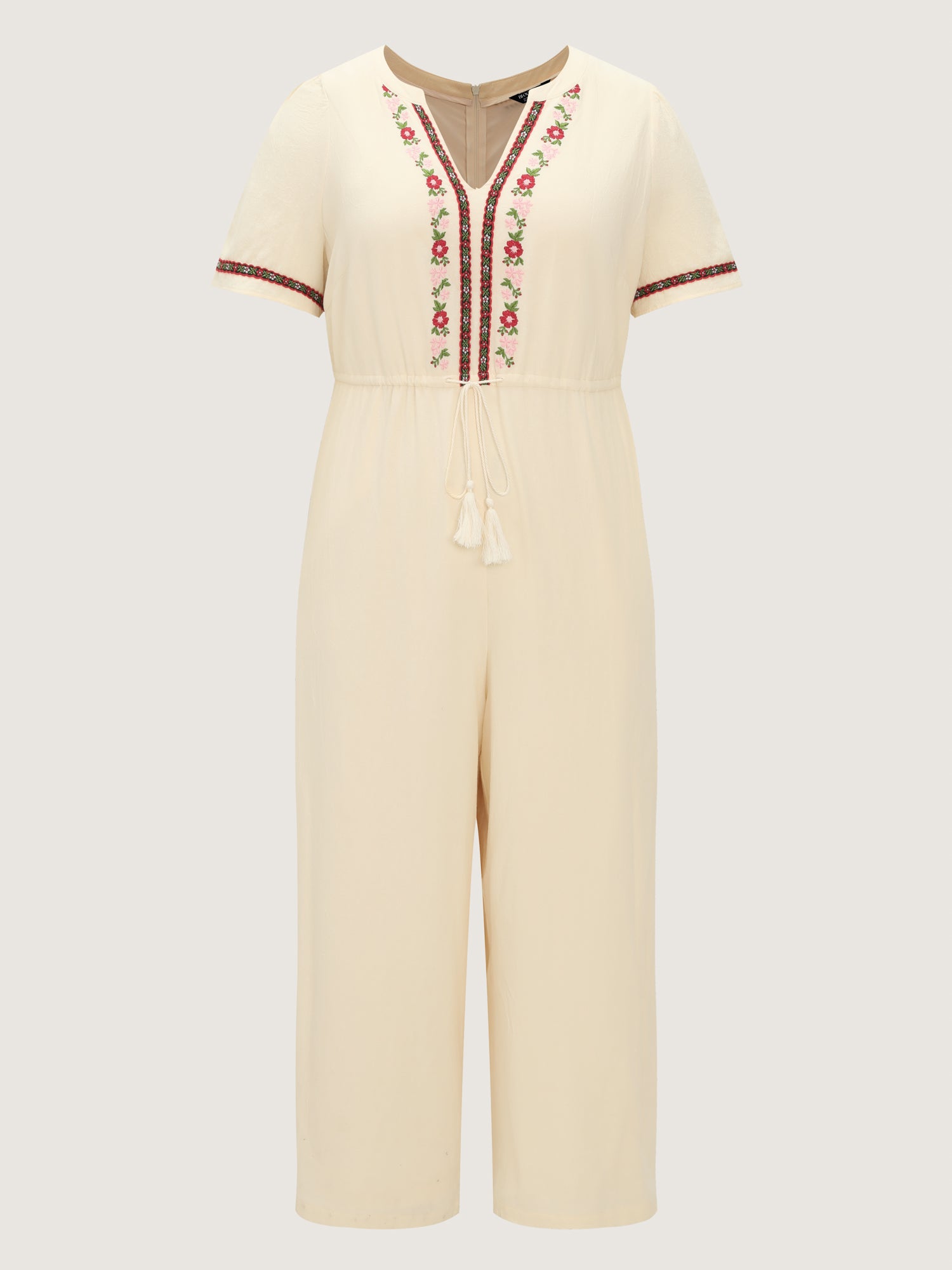 Floral Embroidered Tassel Waist Jumpsuit