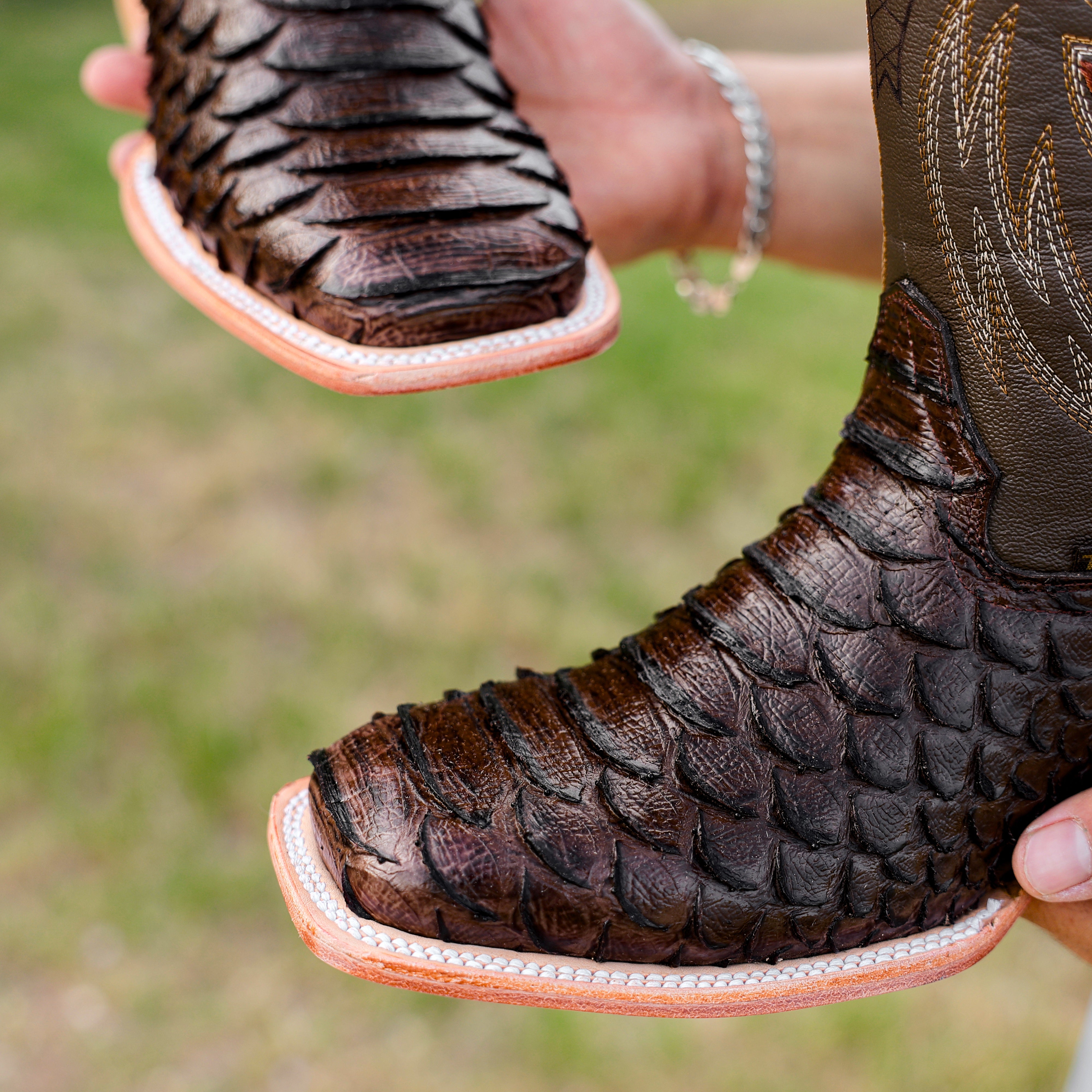 Chocolate Brown Python Leather Boots - Square Toe