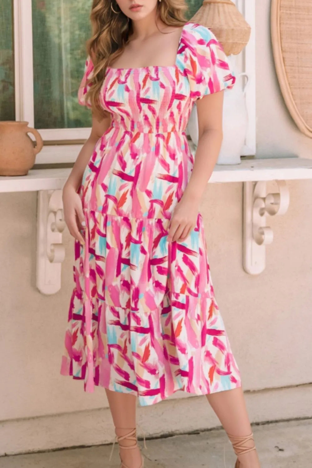 Geometric Print Puff Sleeve Square Neck Midi Dress
