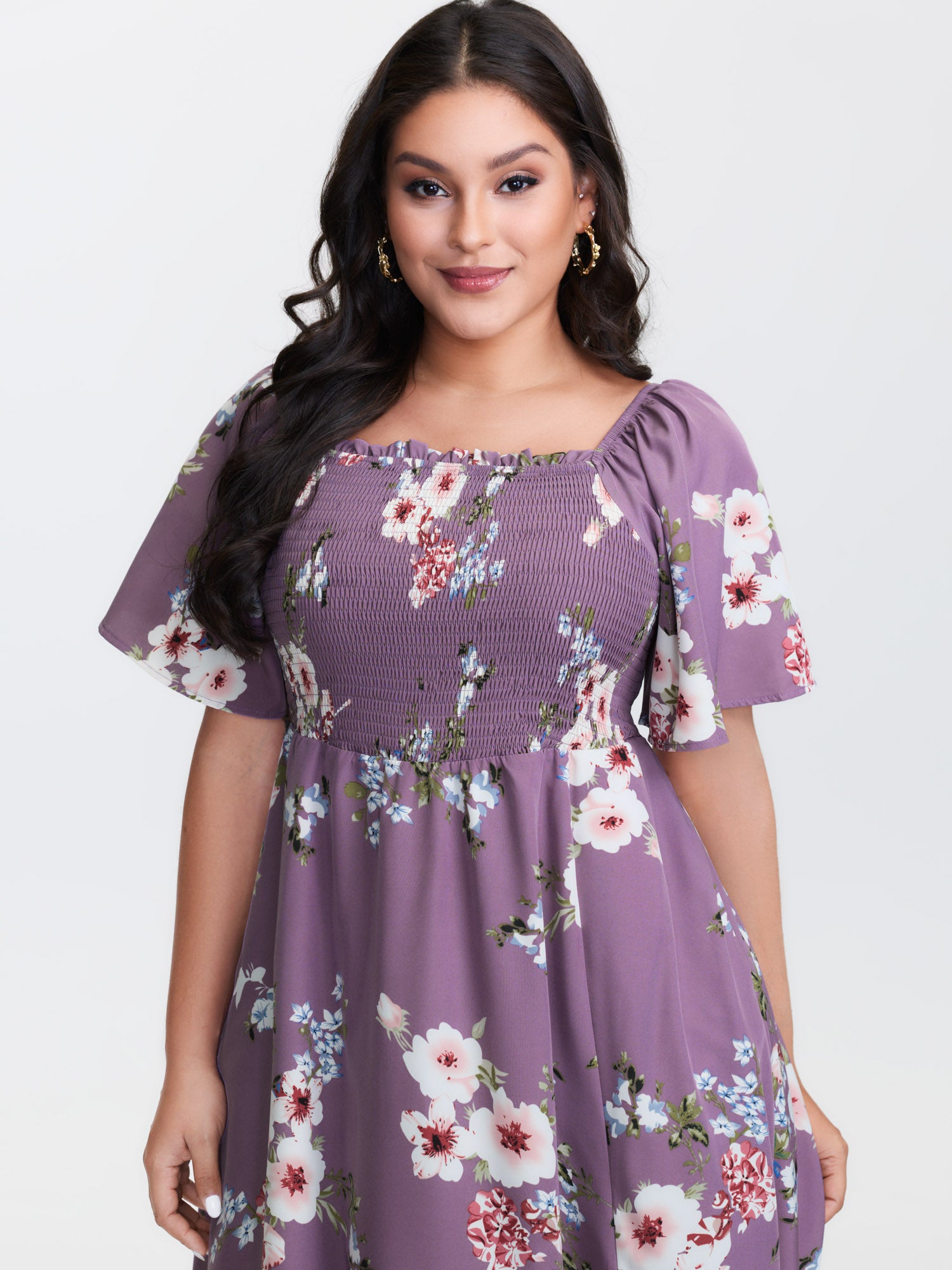 Floral Square Neck Ruffles Pocket Shirred Split Dress