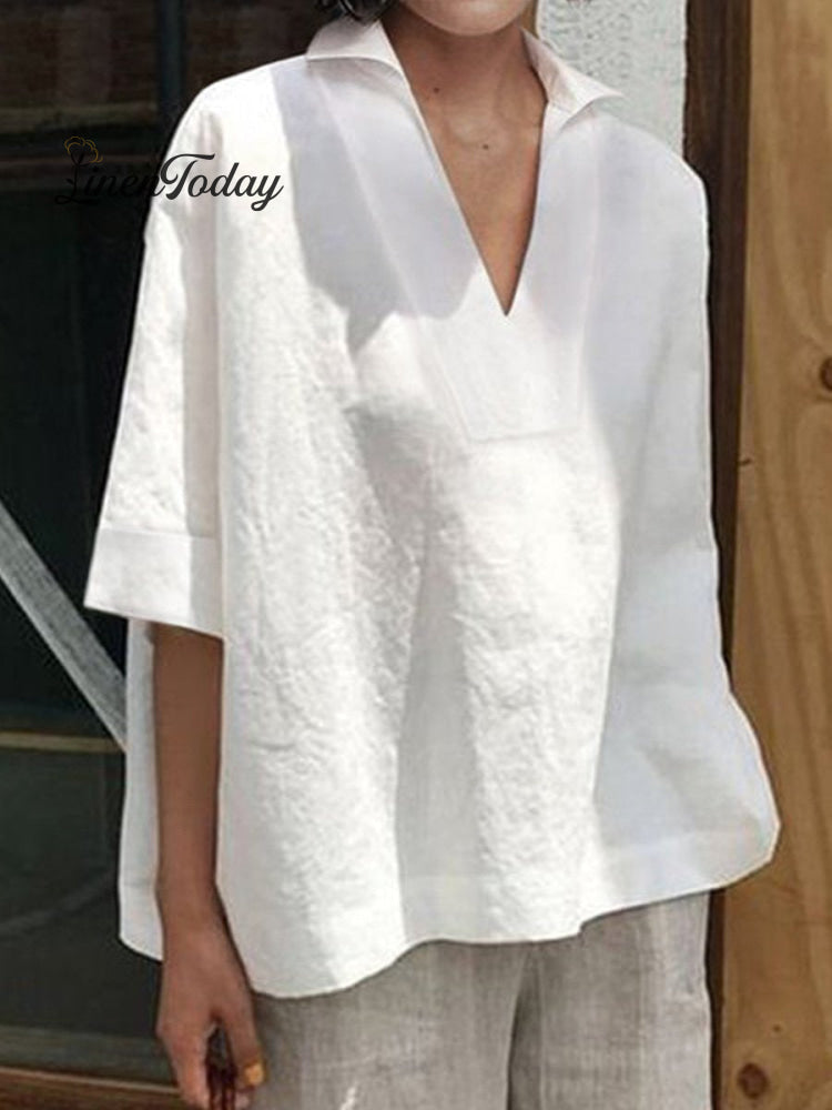 Women's V-neck Cotton And Linen Solid Colour Loose Mid-Sleeve Shirt