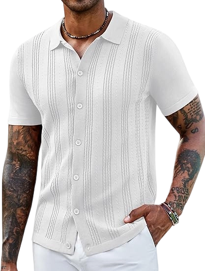 Men's Knit Shirts Short Sleeve Casual Button Down Polo Shirt Summer Beach Vacation Shirts Outfit Top