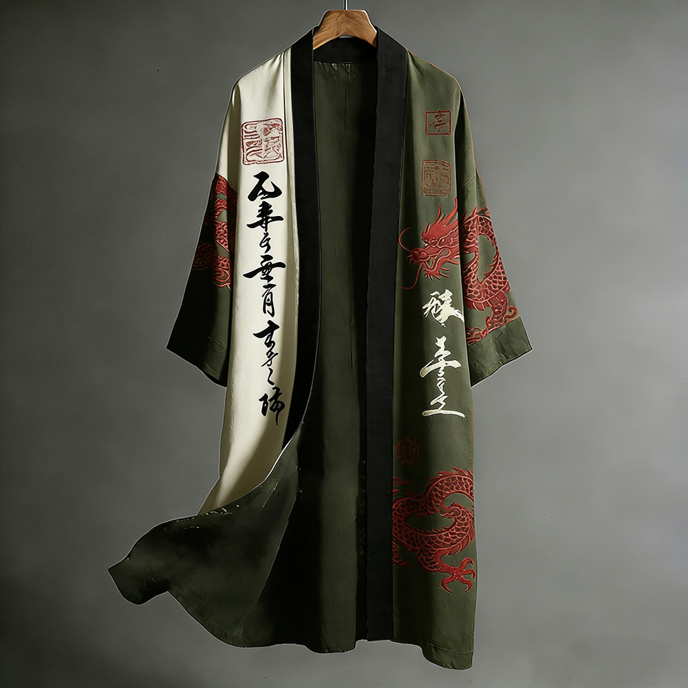 Retro Japanese Dragon Art Flowing Black And Red Contrasting Linen Long Kimono