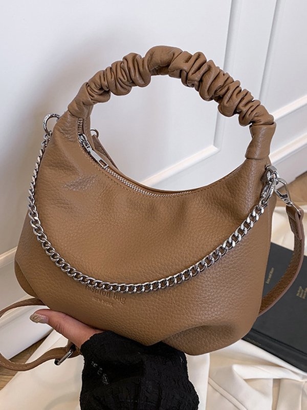 Chains Pleated Solid Color Zipper Handbags Crossbody Bags