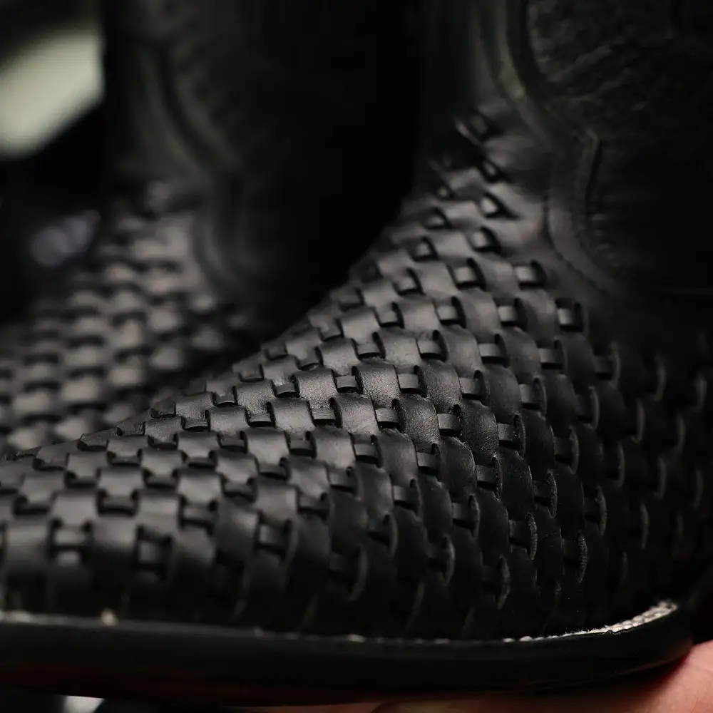 Black Basketweave Leather Boots - Square Toe