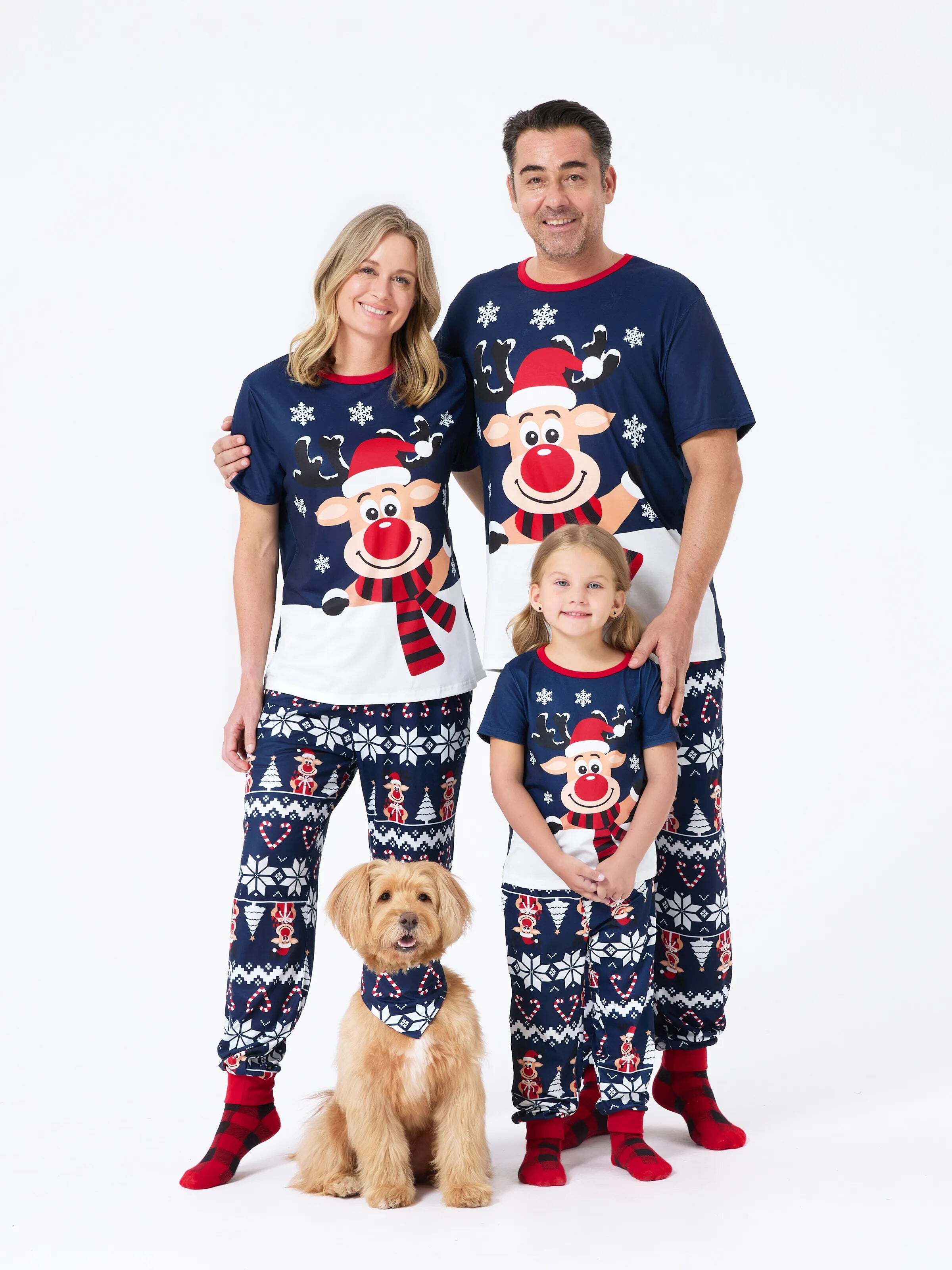 Christmas Matching Family Pajamas Set Reindeer and Snowflake Print PJS Deep Blue