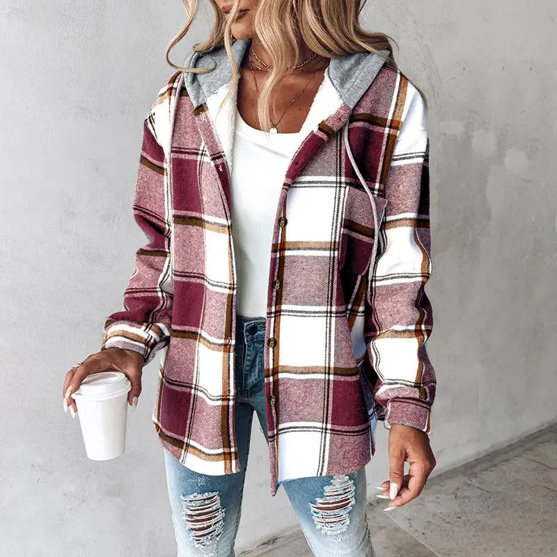 Women's Plaid Pattern Shacket  Hooded Jackets