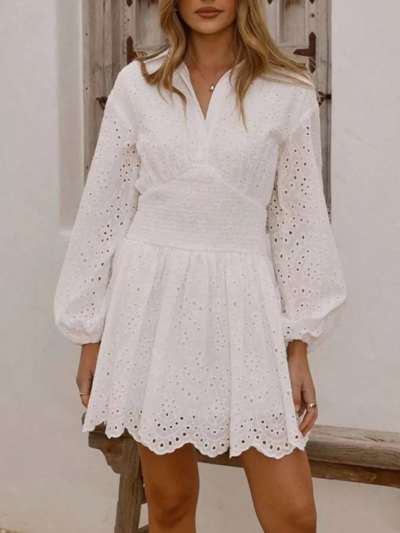 Eyelet Balloon Sleeve Mini Dress
