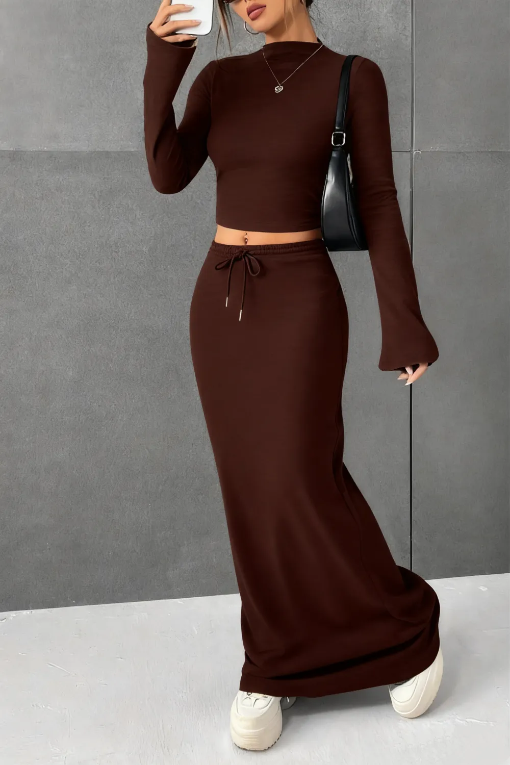 Women's Solid Flounce Sleeve Crop Tee & Skirt Two-piece Set