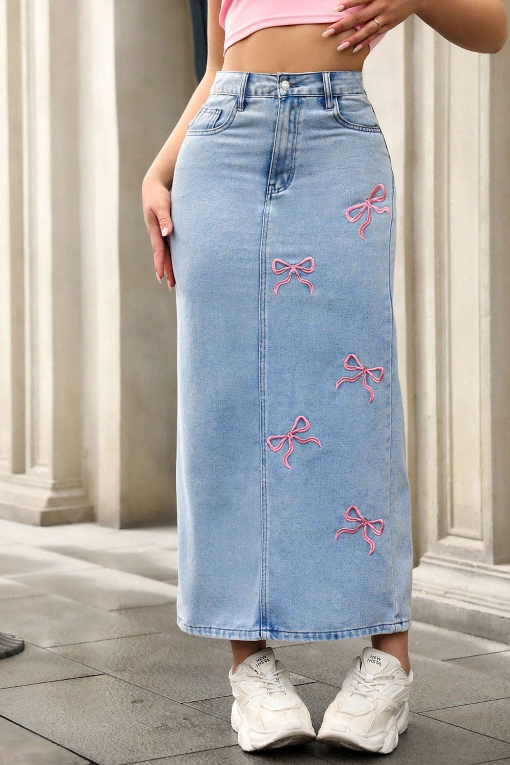 Bow-Embroidered Denim Maxi Skirt